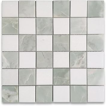 Thassos White Green Jade Marble 2x2 Checkerboard Mosaic Tile Polished Kitchen Bath Wall Floor Backsplash Shower 1 Sheet