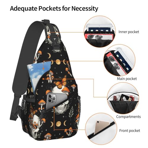 Men's Lightweight Crossbody Backpack, Large Capacity Chest Gym Bag for Outdoor Activities, Skull Moon Phase Mushroom Orange Moth Daypack Bags4