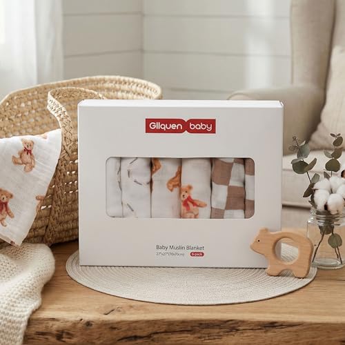 Image of GLLQUEN BABY Receiving Blanket Boy Cotton Muslin Swaddle Blankets Girl Newborn Squares Breathable & Soft Thin Baby Blankets Cloths Double Absorbent Infant Swaddling Wrap - 6 Pack (Christmas Bear)