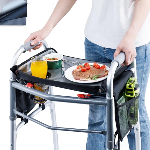 BAGSFY Walker Tray w/Side Pocket for Folding Walkers – Walker Accessory for Seniors with Cup Holder, Non-Slip Mat, and Easy Installation – Universal Fit Walker Table for Meals, Drinks, Reading