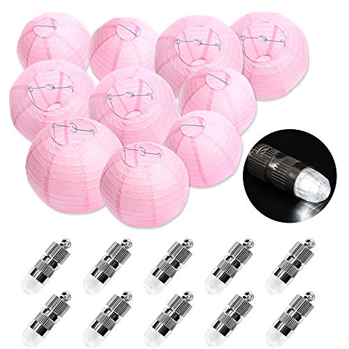 FullBerg 10er Rosa Papier Laterne Lampions (25cm) + 10er Kaltweiße Mini LED-Ballons Lichter, rund Lampenschirm Hochtzeit Garten Dekoration Papierlaterne 10"
