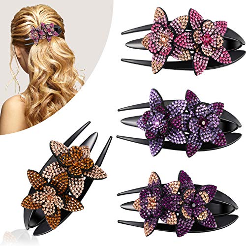 4 Pieces Rhinestone Double Flower Hair Clip Rhinestone Crystal Flower Hairpin Barrettes Glitter Crystal Hair Comb Claw for Women Girls Thick Long Hair (4.33 x 2.24 Inch)