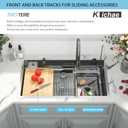 Image of Kichae 36 x 19 Smart Waterfall Kitchen Sink Stainless Steel Digital Display