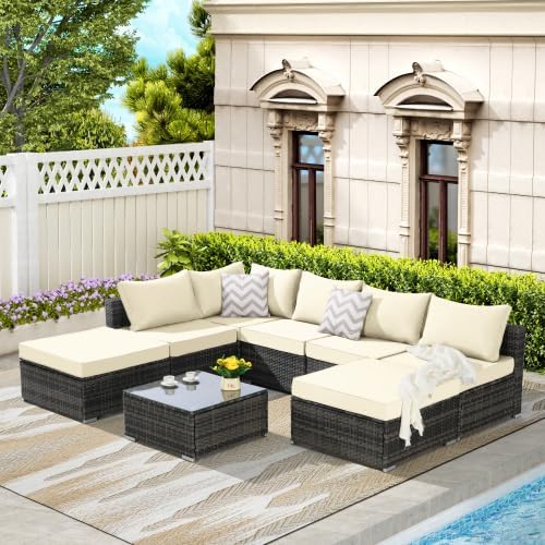 mikibama 8 Pieces Outdoor Patio Sectional Sofa Couch,Wicker Furniture Conversation Sets with Washable Cushions & Glass Coffee Table for Garden, Poolside, Backyard