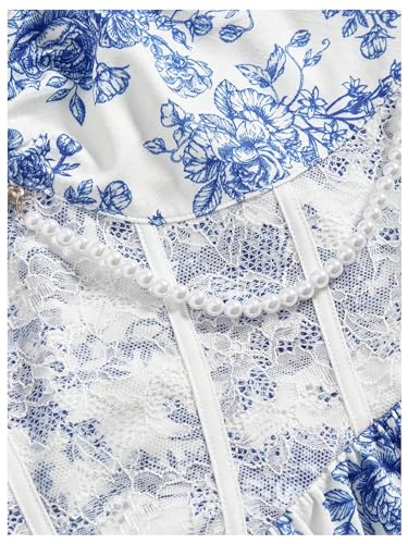 Milumia Women's Floral Print Lace Pearl Beaded Corset Dress Flared Cami Short Dresses3