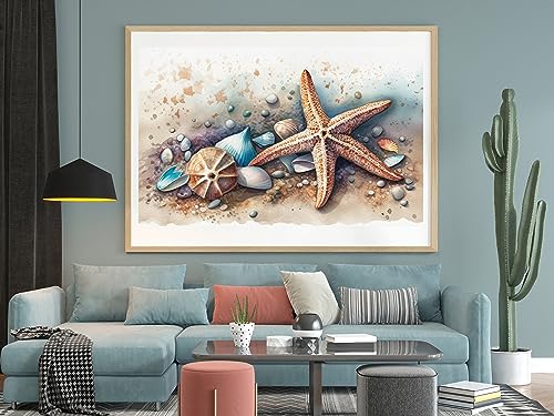 Image of Moohue Stamped Cross Stitch Kits for Adults Skull 14CT Pre Printed Cross Stitch Kits for Beginners (Starfish and Shells 1)