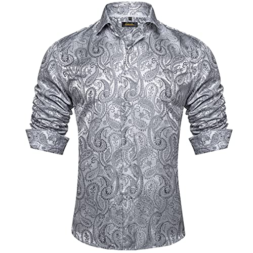 DiBanGu Mens Silk Paisley Dress Shirts Casual Jacquard Long Sleeve Button Down Shirt with Collar Pin Wedding Party
