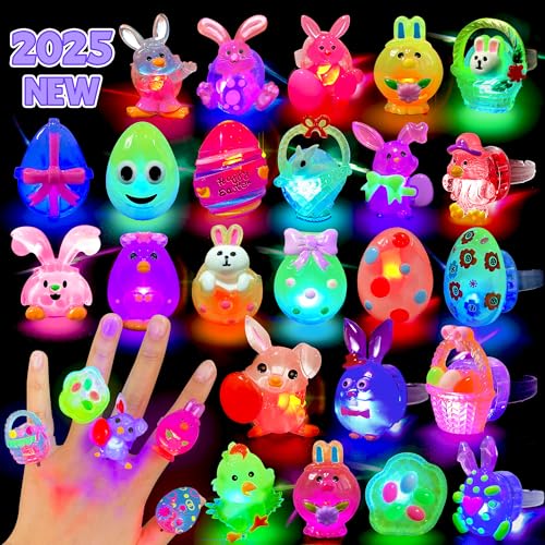 AIVEI Easter Egg Fillers Light Up Rings - 28Pcs Glow in the Dark Party Favors, Easter Basket Stuffers Toys Gifts for Kids Teens Girls Boys