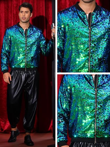 Image of Lars Amadeus Sequin Varsity Jacket for Men's Zipper Party Disco Flip-Sequin Shiny Bomber Jackets
