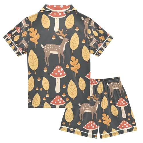 senya Deer and Mushroom Satin Summer Pajama Sets Silk Short Sleeve Button Down Sleepwear2
