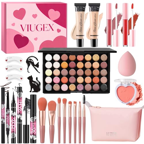Viugex Kit Maquillaje Mujer, Set de Maquillaje para Adolescentes Chica, Estuche Regalo Maquillaje con Paleta de Sombras de Ojos, Fundación, Gloss Labios, Colorete, Línea Ojos, Máscara, Lápiz de Cejas
