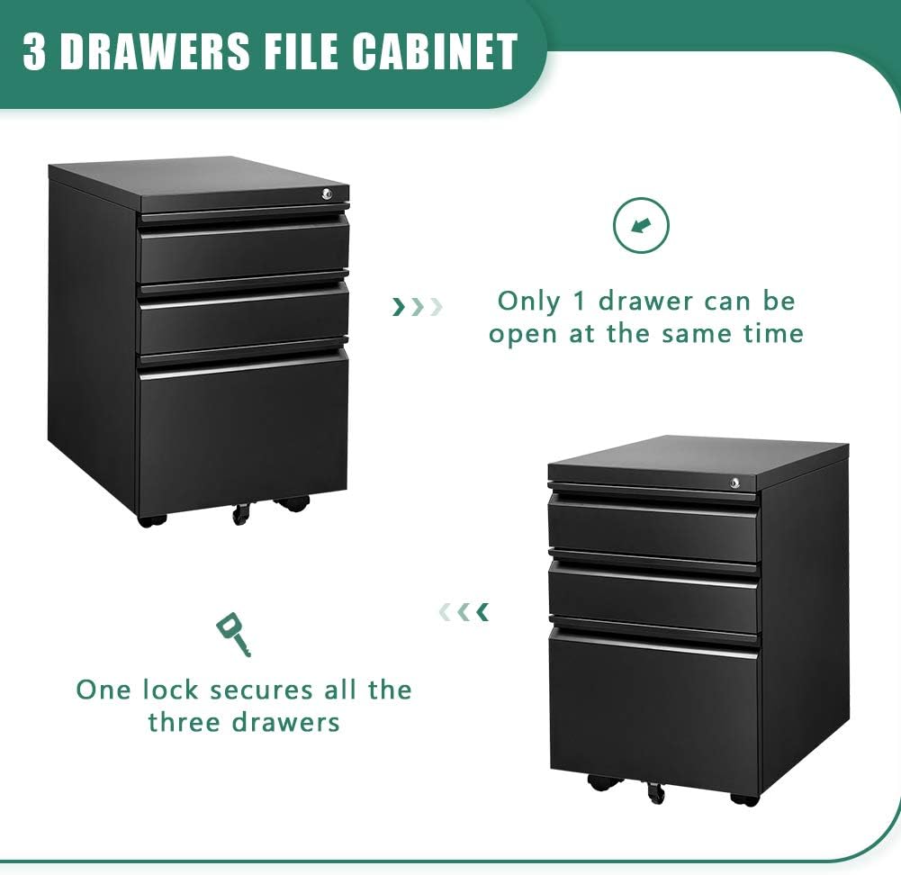 INVIE 3 Drawer File Cabinet with Lock, Metal Vertical Filing Cabinet Under Desk for Legal Letter File Anti-tilt Design Office Mobile Cabinet(Black A