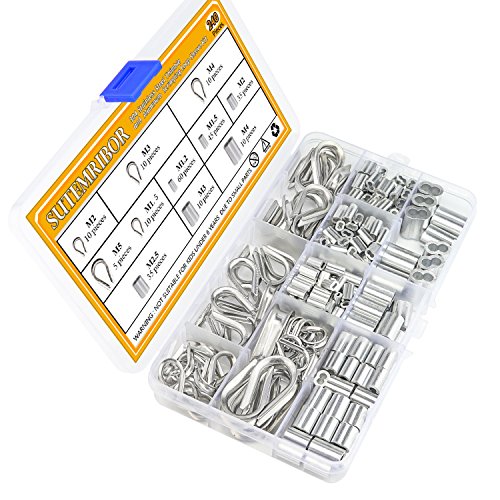 Sutemribor 304 Stainless Steel Wire Rope Cable Thimbles and 6 Sizes Aluminum Crimping Loop Sleeve Assortment Kit, 240PCS
