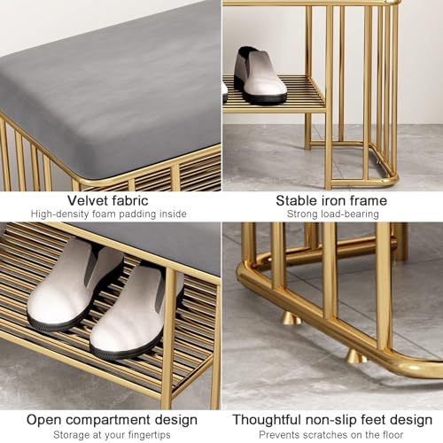 Banc de rangement à chaussures en velours et métal doré pour entrée - 4