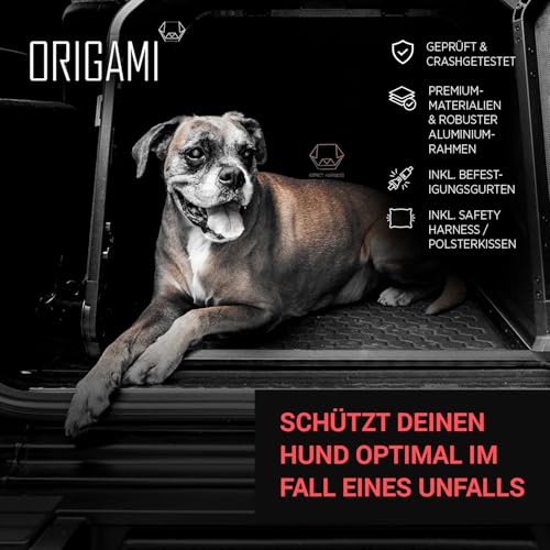 1one1 ORIGAMI Hundetransportbox Auto Alu Size Small | Alu Hundebox Auto Kofferraum | Hundebox faltbar per Knopfdruck & Crash-getestet | Transportbox Hund aus Aluminium & Textil
