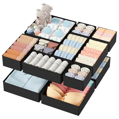 DIMJ 12er Schubladen Ordnungssystem Schubladen Organizer, Faltbare Aufbewahrungsbox Stoff, Unterwäsche Organizer, Organizer Kleiderschrank für Kleidung, BHS, Socken, Krawatten