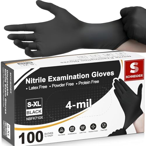 Schneider Nitrile Exam Gloves, 4 Mil Black Gloves Disposable Latex Free Powder Free, Food Safe for Cooking, Food Prep, Clean (100, X-Large)
