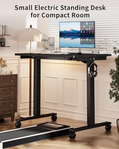 Image of Okin Small Electric Standing Desk, 36 x 24 Inches Whole Piece Height Adjustable Desk, Black Sit to Stand Desks Computer Workstation with Wheels for Home Office