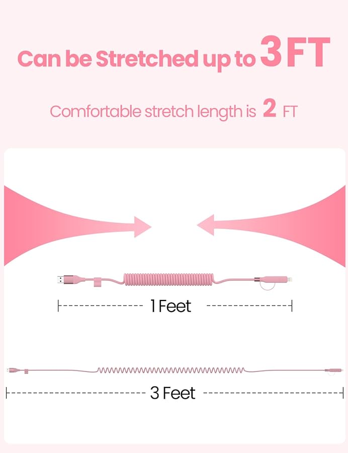 Pink Coiled Car Charging Cable 2-in-1 (USB-C & Lightning), 3FT Cute Car Accessories for iPhone 17/16/15, Samsung Galaxy — Supports Apple CarPlay & Android Auto - image 6