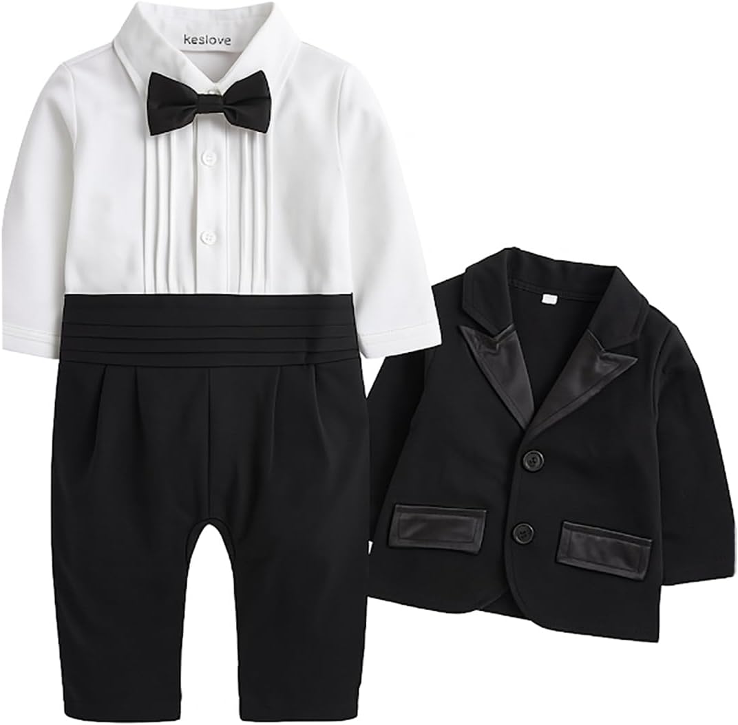 Toddler Boy Formal Tuxedo Outfit 2-Piece Set with Bow Tie & Blazer, Infant Baby Gentleman Suit
