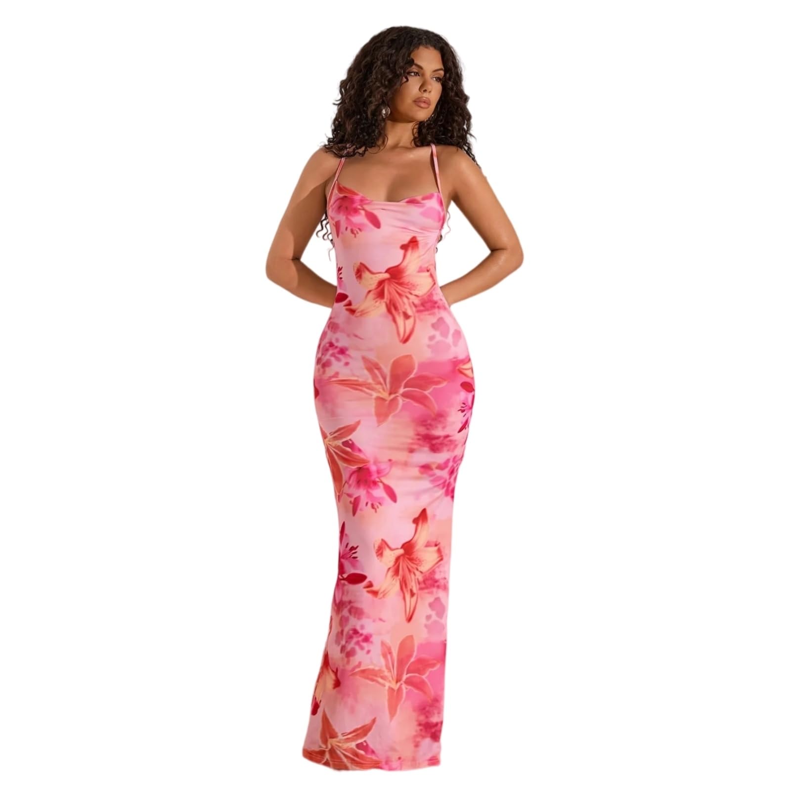 Vestito Donna Elegante Rosa Floreale Maxi Abito Fuori Spalla Senza Maniche Un di Linea per La Serata Festa Nozze-red-xs-164