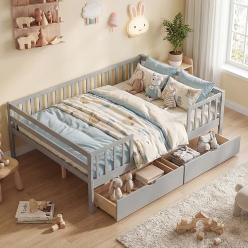 Image of KOMFOTT Full Bed Frame with Rails, Wood Daybed with Side Shelf & 2 Storage Drawers, Platform Bed with Guardrail & Wooden Slat Support for Kids Teens, No Box Spring Needed (Full,Grey)