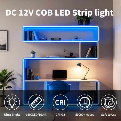 Image of 16.4FT /5m Blue COB LED Strip Light, Cuttable LED Tape Lights, 8mm Width LED Lights, CRI93+ Dimmable Flexible Light Strip for Bedroom TV Backlight Gaming Room Monitor DIY Decor(with Plug)