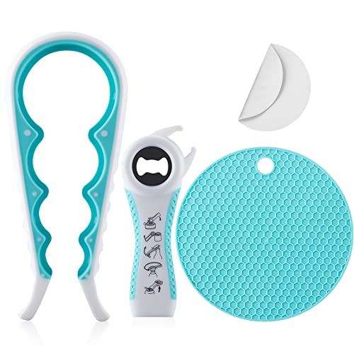 Jar Bottle Opener for Weak Hands,4 &5 in 1 Multi Function Non-Slip Can Lid Opener Tools with Silicone Jar Gripper Pad,Suitable for Seniors,Children and Arthritic Hands (Lake Green)
