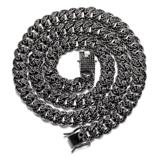 Halukakah Gold Chain for Men Iced Out 14MM Rhodium Black Plated Diamond Cuban Link Chain Necklace 24 Lab Dimaonds Prong Set Gift for Him