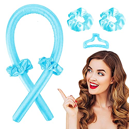 Heatless Hair Curlers For Long Hair, No Heat Silk Curls Headband You Can To Sleep In Overnight, Soft Foam Hair Rollers, Curling Ribbon and Flexible Rods for Natural Hair (Blue)