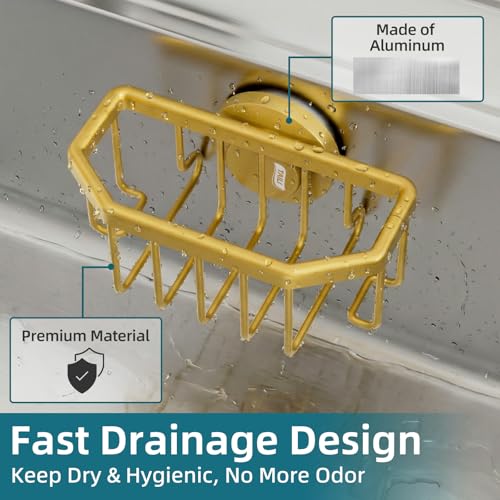 Image of TAILI Sponge Holder for Kitchen Sink with Strong Suction Cup-Gold | Removable Sink Caddy for Kitchen Sink Oganizer, Rustproof Aluminum Sink Sponge Holder for Scraper Brushes, Stoppers