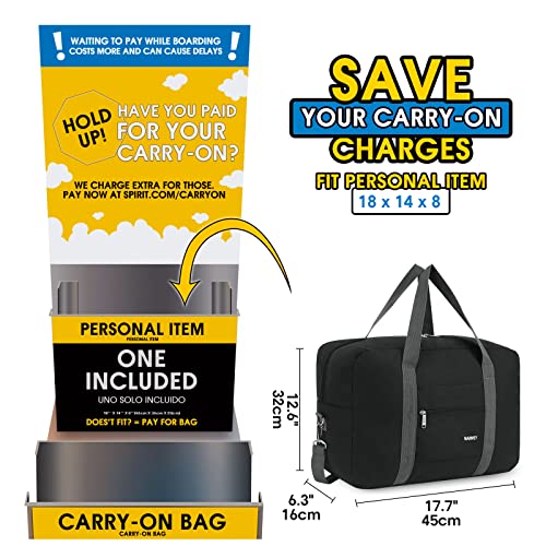 Narwey For Spirit Airlines Personal Item Bag 18x14x8 Foldable Travel Duffel Bag Tote Carry on Luggage Duffle Overnight for Women and Men (Thick Series Black (with Shoulder Strap))