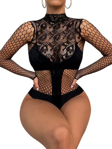 Sniff Rose Women's Lace Lingerie Cut Out Leotards Mesh Teddy Sleeve Chemise Sheer Floral Fishnet Splice Nightwear Hight Neck Bodysuit