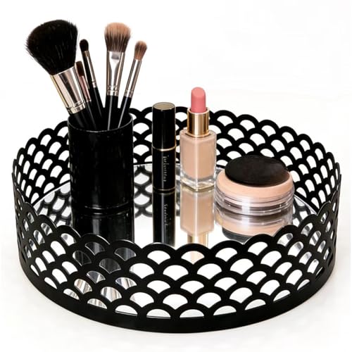 Black Metal Decorative Tray with Mirror Base – Round Vanity Tray for Makeup Brushes, Jewelry, Perfume, and Home Décor(7.3”X2”)