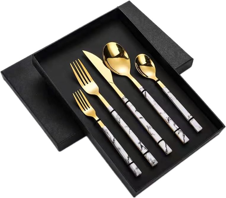 Silverware Flatware Cutlery Set, 5 Pieces Imitation Marble Stainless Steel Cutlery Cutlery For Home Use And Hotel Steak Cutlery, Forks And Spoons Gift Box Set(White Silver,8Set)