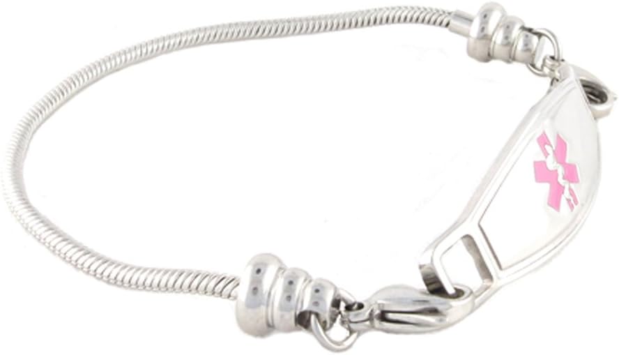 N Style ID Women's Beaded Pan-dorra Style PRE-ENGRAVED Type 1 Diabetes Medical Id Bracelet - Pink 8.25
