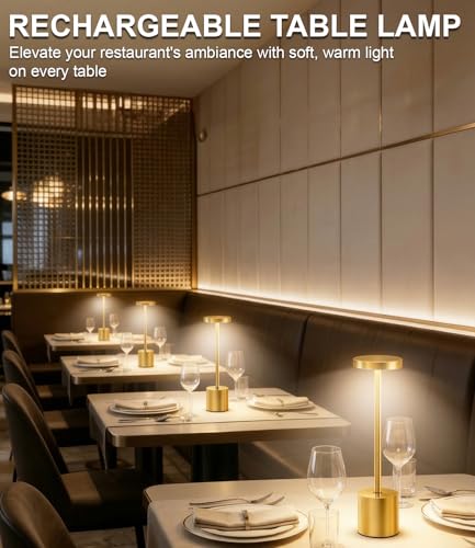 Image of Swinerton Gold Cordless Table Lamp Set, 5000mAh Rechargeable Battery Operated Desk Lamp Wireless Table Light, 3 Color Dimmable Touch Lamp for Restaurant Dining Patio, Home /Apartment Decor