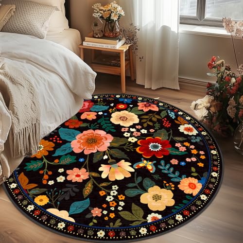 Floral 4ft Area Rug Machine Washable Soft Print Boho Carpet Non Slip Doormat Low Pile Flower Area Rugs for Living Room Bedroom Nursery Kitchen Dining Room Indoor-Black
