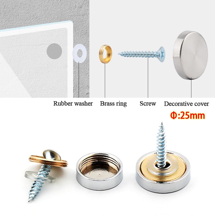Wopanxye 8 Set 25mm Mirror Screws with Decorative Cap Brass Chrome Cover Stainless Steel Nails w/Washer for Coffee Tables Bath Plates Wardrobes Wood Furniture Bathroom Panels Glass Signboard - Image 3