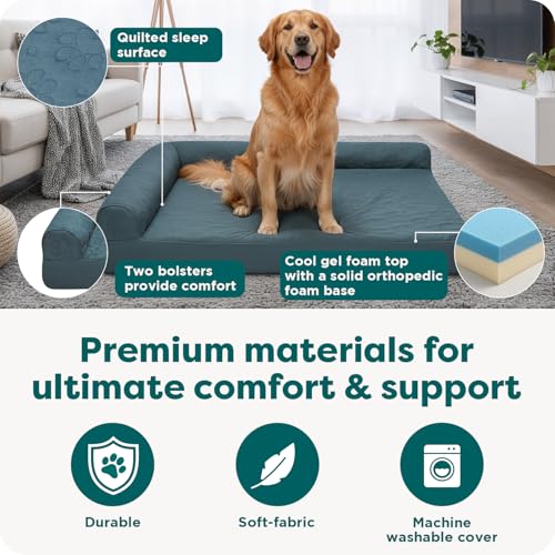 Image of Furhaven Cooling Gel Dog Bed for Large Dogs w / Removable Bolsters & Washable Cover, For Dogs Up to 95 lbs - Pinsonic Quilted Paw L Shaped Chaise - Titanium, Jumbo /XL