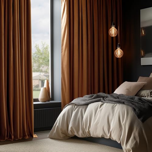 HPD Half Price Drapes Signature Velvet Thermal Blackout Curtains for Living Room 96 Inch Long (1 Panel) Rod Pocket Insulated Blackout Curtains for Bedroom Window Curtains, 50W x 96L, Burnt Pumpkin