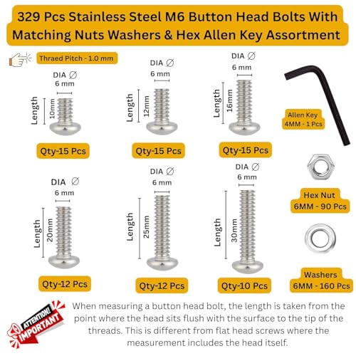 Image of Epi-Torque Stainless Steel 202 Grade Button Head Allen Key Bolt M6 Assortment with Matching Nuts, Washer & Allen Key Pack of 329 Pcs