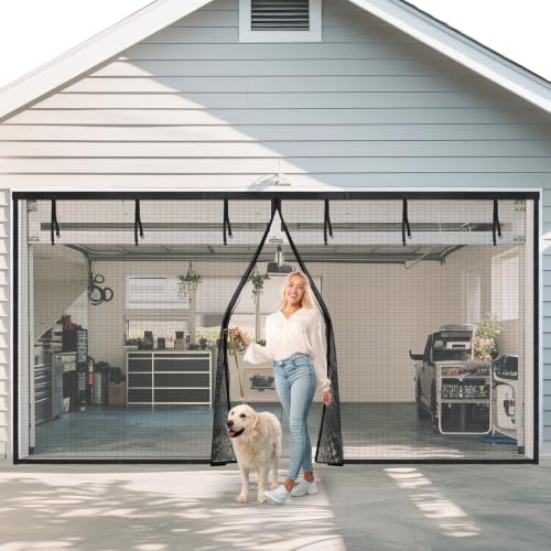 Garage Door Screen for 2 Car, 16x7 ft Magnetic Closure Fiberglass Mesh Net