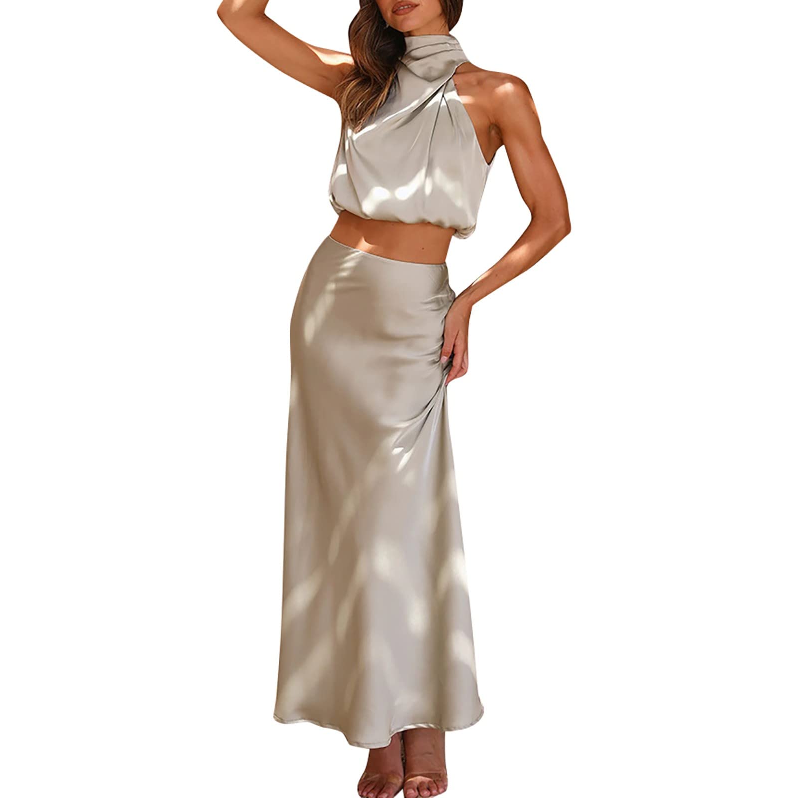 Abito lungo da donna a forma di farfalla, in raso, con colletto alto, senza maniche, spacco laterale, maxi canotta in due pezzi, top e gonna rosso diavolo