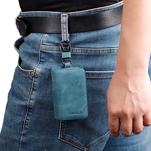 Visoul Leather Car Key Fob Case Holder For Men And Women, Double Zipper Key Case Bag With Keychain And Remote Metal Hook For Smart Key Fob And House Keys-Blue #TOP5