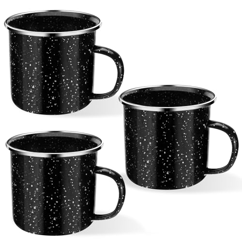 Royouzi Juego de 3 vasos esmaltados de acero inoxidable esmaltado, taza de té, taza de café, juego de 3 piezas, apto para lavavajillas y a la parrilla, para exteriores/camping y regalo (negro)