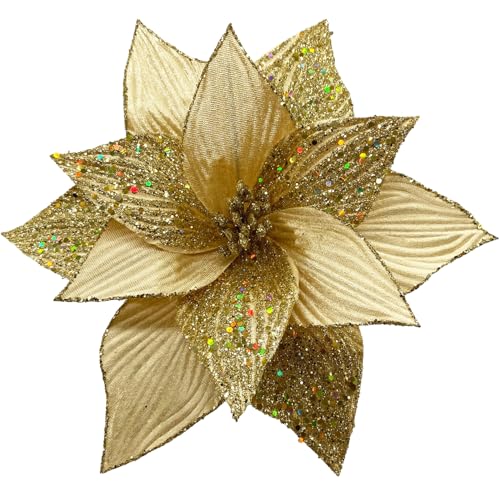 Flores de Navidad Grandes con Purpurina de 11.5 Pulgadas, 6 Piezas de Flores de Pascua Artificiales de Terciopelo, Adornos con Purpurina para árbol de Navidad (Oro)