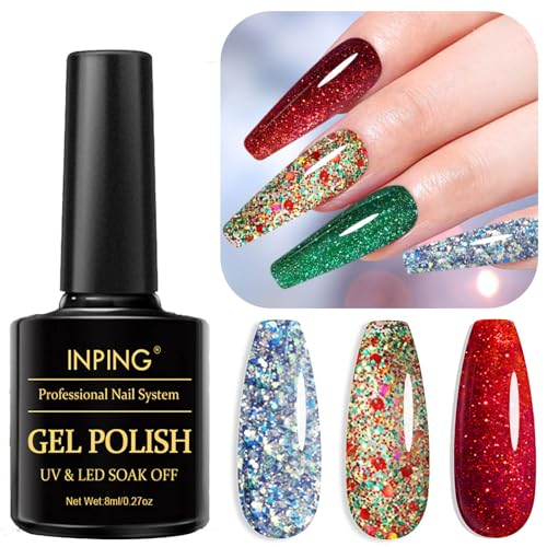 INPING Christmas Gel Nail Polish, 3 Colours Xmas UV Gel Polish, Sparke Glitter Red Blue Colorful Diamond Shiny Nail Varnish Soak Off UV/LED for Nail Art Salon, New Year