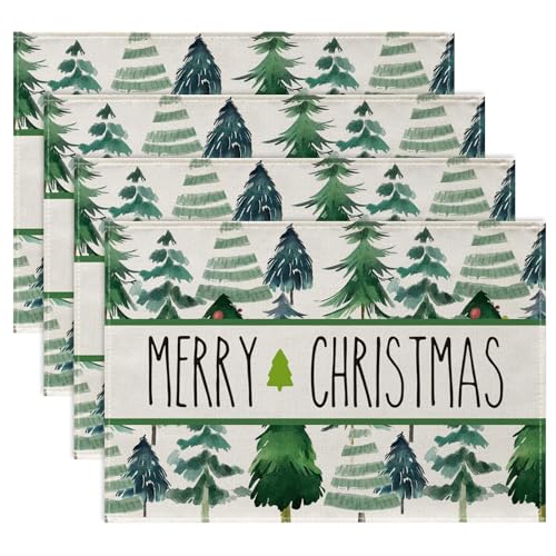 Yoolhamy Juego de 4 manteles individuales de Navidad verdes de 45 x 32cm, manteles individuales de invierno para cocina, vacaciones, lavables, con copos de nieve