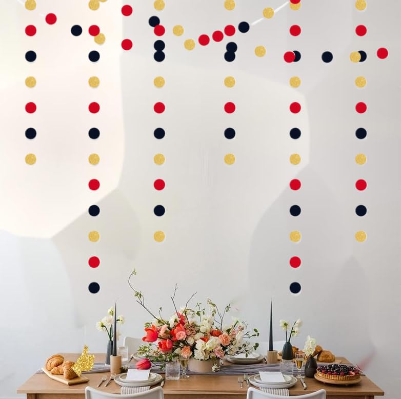 JEYE Guirnalda de fiesta dorada, negra y roja, decoración de papel con puntos circulares, decoración colgante para graduación, cumpleaños, boda, aniversario, vacaciones, fiestas, paquete de 2, 26 pies